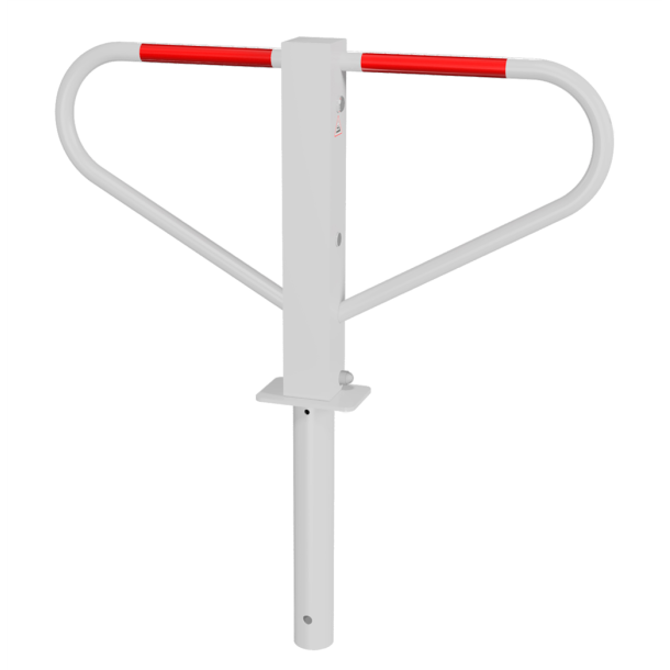 Car-park barrier | foldable with round | cylinder self-engaging | lock | for casting in concretewith welded-on ground anchor,approx. 400 mm below ground | hot-dip galvanized and white coated withred reflecting stripes